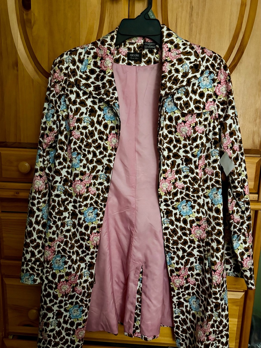 Nicole by Nicole Miller Pink, Brown & Blue Floral Leopard Trench Coat